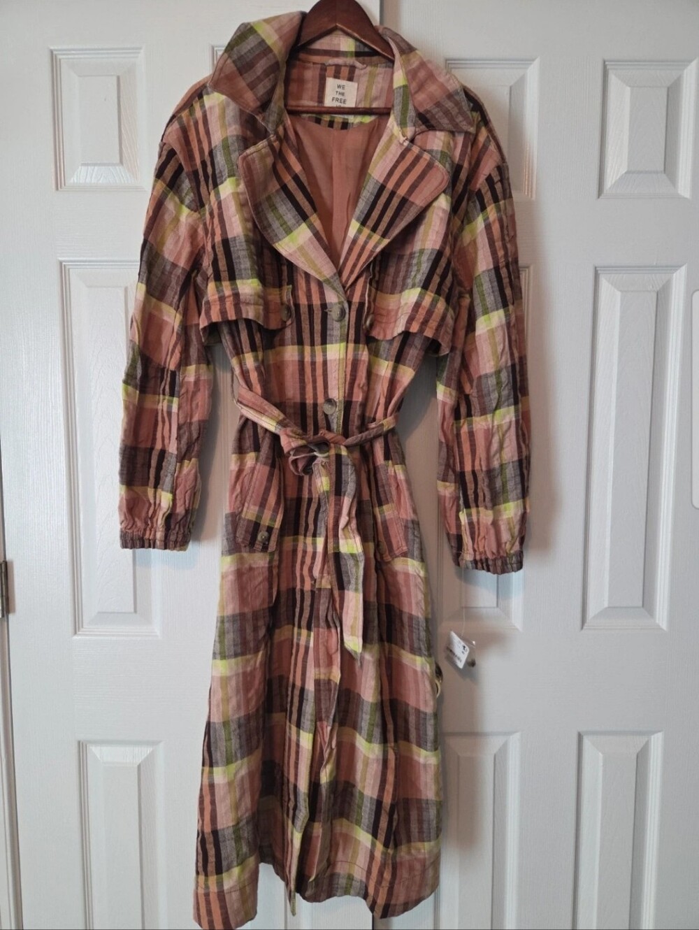 NWT Free People Pink Plaid Belted Trench Dress